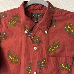 BEAMS Men's Rust Paisley Short Sleeve Cotton Ripstop Button-Down Shirt